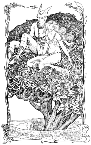 Diarmid and Grania in the Quicken Tree, illustration by Henry Justice Ford (1902), from The Book of Romance, edited by Andrew Lang. Public Domain. Wikimedia Commons