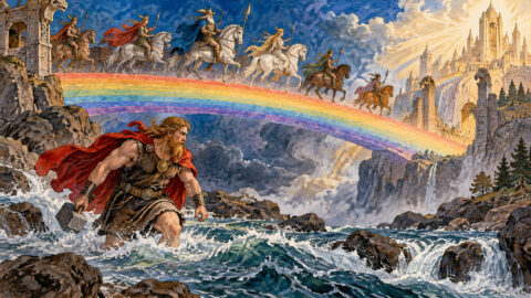 Thor wading through a river while the Æsir ride across Bifröst toward Asgard in Norse mythology
