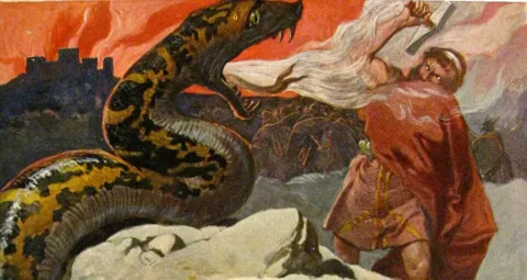 Thor and the Midgard Serpent, illustration by Emil Doepler, c. 1905. Public Domain. Source: Wikimedia Commons.