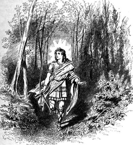 Váli, son of Odin and Rindr, depicted carrying a bow in an 1882 illustration by Carl Emil Doepler. Public domain, via Wikimedia Commons.
