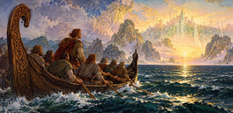 Modern imaginative illustration of Bran mac Febail and his companions sailing toward the Irish Otherworld, inspired by The Voyage of Bran. AI-generated artwork created for History & Myths (2026). Not a historical depiction.