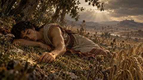 Artistic interpretation of the bee discovering the sleeping Telipinu, inspired by the Hittite myth (CTH 324.3). This is an imaginative illustration, not an ancient Hittite depiction.