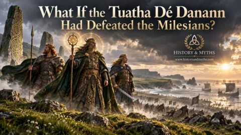The Tuatha Dé Danann stand victorious after defeating the Milesians at Tailtiu in an alternate Irish mythology scenario.